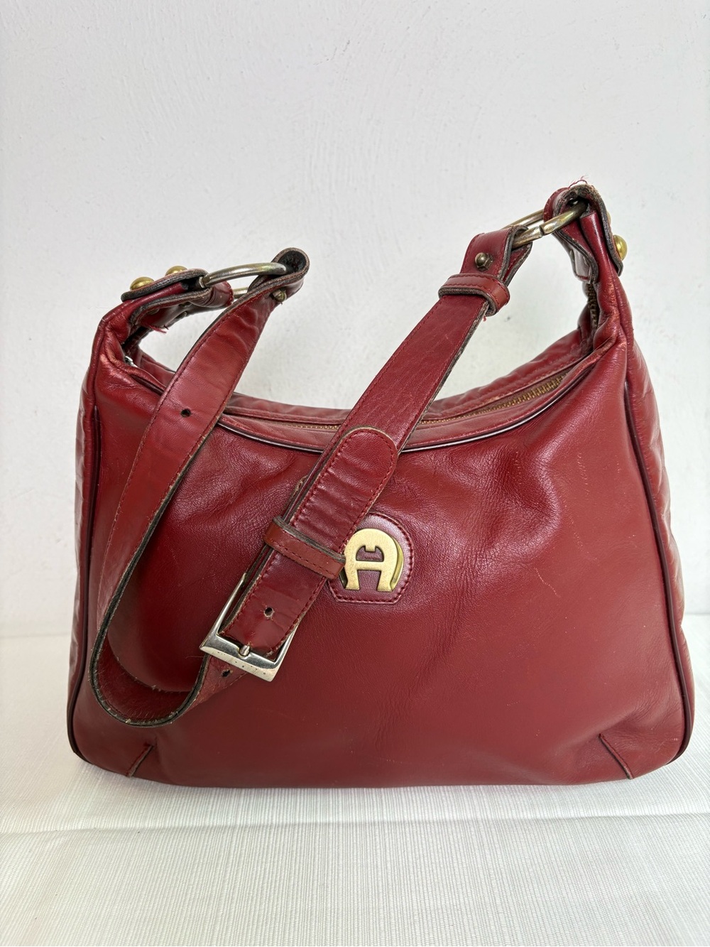 ETIENNE AIGNER Vintage Oxblood Red Leather Shoulder Bag Big A Logo